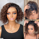 LALAS Hair Side Part Ombre Brown Curly Bob Wig 100% Human Hair