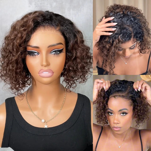 LALAS Hair Side Part Ombre Brown Curly Bob Wig 100% Human Hair