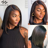 UNice Hair Drawstring Cap Yaki Straight Bob Wig 7x5 Pre Cut Pre Bleached Glueless Wig Human Hair Lace Closure Wig 150% Density