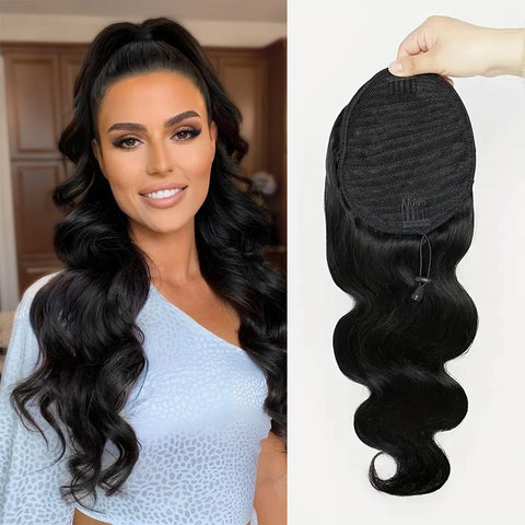 Body Wave Drawstring Ponytail Hair Extensions 100g 10-26 Inch Pony Tail Natural Black Color 100% Brazilian Remy Human Hair #1B