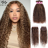 UNice Hair Highlight Blonde Curly Hair 2/3/4 Bundles With Closure 100% Human Hair Lace Closure With Bundles Sew In Quick Weaves