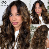UNICE Hair Brown Balayage Body Wave Human Hair Bundles with Closure Free Part Transparent 4X4 Lace Closure And 2/3/4 PCS Bundles