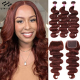 UNICE Hair Reddish Brown Body Wave Human Hair Bundles with Closure 100% Human Hair 4x4 Lace Closure With 2/3/4 PCS Bundles Deal