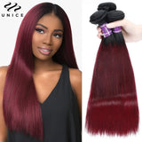 UNICE Hair 1B/Burgundy Ombre Straight Human Hair Bundles 1/3/4 PCS Deal Dark Root Pre Colored Burgundy Hair Bundles 8-30 Inch