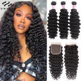 Unice Hair Deep Wave Bundles With 5x5 HD Lace Closure 100% Human Hair Bundles With Closure