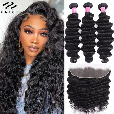 UNICE Loose Deep Wave Hair 2/3/4 Bundles With Frontal 100% Human Hair Bundles With 13x4 Lace Frontal Can Make 250% Density Wig
