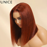 UNICE Hair Reddish Brown 7x5 Yaki Straight Bob Wig Human Hair Pre Cut Pre Bleached Glueless Wig 150% Density