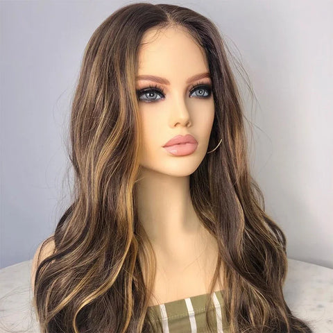 Perruque Longue Ondulée, Blonde Mèchée, Base en Soie 5x5, Cheveux Humains Européens