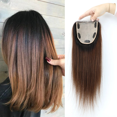 Human Hair Topper Ombre 1b/4 Silk Base Remy Hair Two Tone Silk Top Silicone Around Lace Front Natural Hairline with Clips in