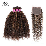 UNice Hair Highlight Blonde Curly Hair 2/3/4 Bundles With Closure 100% Human Hair Lace Closure With Bundles Sew In Quick Weaves