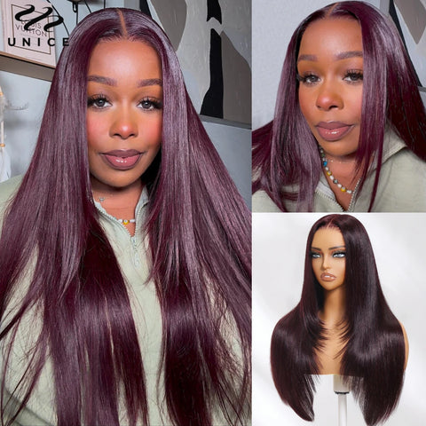 UNICE Hair 13x4 Pre-Everything Lace Frontal Wig Black Cherry Layered Straight Wig Pre Cut Pre Bleached Human Hair Lace Front Wig