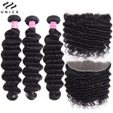 UNICE Loose Deep Wave Hair 2/3/4 Bundles With Frontal 100% Human Hair Bundles With 13x4 Lace Frontal Can Make 250% Density Wig