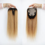 Topper en Cheveux Humains Ombré 1B/4 – Base Soie avec Silicone, Lace Front Naturelle, Clips Intégrés