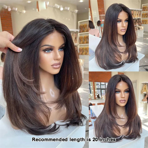Perruque Ombrée Brune Lisse 40 cm – 180% – Base HD Soie 5x5 – Cheveux Européens Pré-épilés