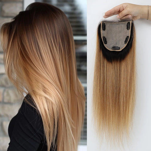 5x5'' Ombre Topper Silk Skin Base Remy Human Hair Silk Top with PU around with Clips Natural Scalp Look Lace Front for Women