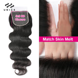 Unice Hair 5x5 HD Lace Closure Body Wave Brazilian Virgin hair 100% Human Hair undetectable Lace Closure Invisible Knots Skin M