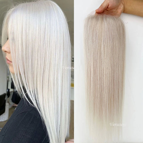 5"X5" Platinum Blonde Silk Top Human Hair Closure Virgin European Human Hair Silk Base Topper with Clips in for Women White #60