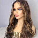 Perruque Longue Ondulée, Blonde Mèchée, Base en Soie 5x5, Cheveux Humains Européens