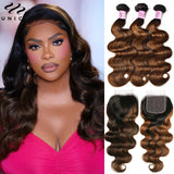 UNICE Hair Brown Balayage Body Wave Human Hair Bundles with Closure Free Part Transparent 4X4 Lace Closure And 2/3/4 PCS Bundles