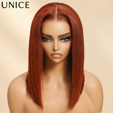 UNICE Hair Reddish Brown Yaki Bob Wig 7x5 Lace Pre Cut Pre Bleached Glueless Wig Human Hair Ready To Wear 150% Density