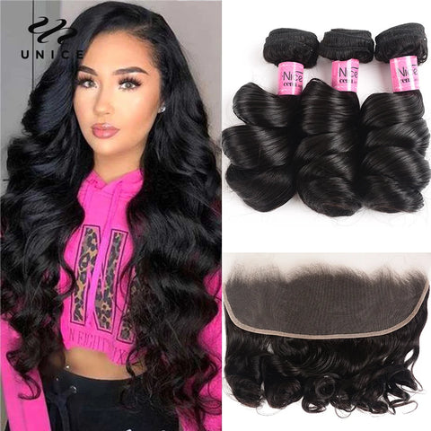 UNice Hair Loose Wave Bundles With 13x4 Lace Frontal 100% Human Hair Bundles 3/4PCS With Free Part Frontal Make 250% Density Wig