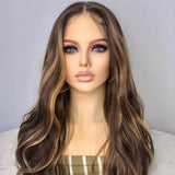Perruque Longue Ondulée, Blonde Mèchée, Base en Soie 5x5, Cheveux Humains Européens