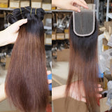 Wholesale Virgin Brazilian Human Hair Bundles with Lace Closure Deal Straight Ombre 1B Brown Color Double Hair Weft Weaving