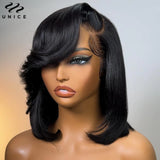 UNice 4x4 Lace Closure Bob Wig With Side Swept Bangs Pre Cut Pre Bleached Glueless Wigs Human Hair Ready To Wear
