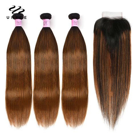 UNICE Brazilian Straight Bundles with Closure Honey Blonde Highlight Closure and Blundles 4PCS Human Hair Bundles with Closure