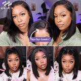 UNice Hair Drawstring Cap Yaki Straight Bob Wig 7x5 Pre Cut Pre Bleached Glueless Wig Human Hair Lace Closure Wig 150% Density