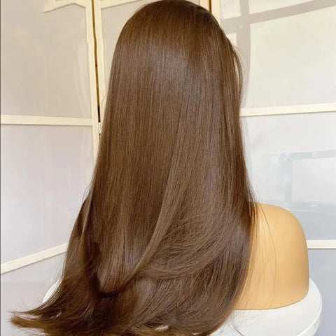 Perruque Lisse Brun Doux – Sans Colle – Base Soie HD 5x5 – Cheveux Européens