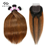 UNICE Brazilian Straight Bundles with Closure Honey Blonde Highlight Closure and Blundles 4PCS Human Hair Bundles with Closure