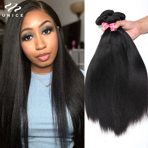 UNice Hair Yaki Straight Hair Bundles 4PCS Deal Natural Color 100% Human Hair Bundles Quick Weaves Sew In Human Hair Extensions