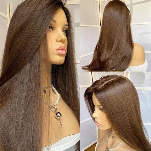 Perruque Lisse Brun Naturel – Sans Colle – Base Soie HD 5x5 – Cheveux Européens