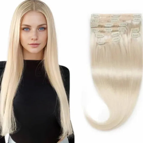 MRSHAIR Clip In Hair Extensions Blond Silky Straight Clip On Extension Human Hair 12-24 Inch Can Be Dyed Clip Ins 8pcs/Set