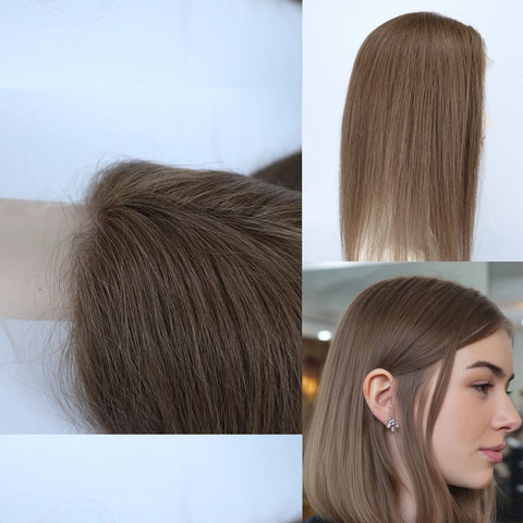 5x5'' Closure Topper Silk Skin Base Real Virgin Human Hair Straight #8 Ash Brown Natural Hairline with Clips in for Women