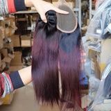 Wholesale Virgin Brazilian Human Hair Bundles with Lace Closure 1B 99J Ombre Dark Red Hair Weft Weave Weaving for Black Women