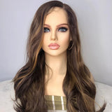 Perruque Longue Ondulée, Blonde Mèchée, Base en Soie 5x5, Cheveux Humains Européens