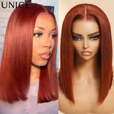 UNICE Hair Reddish Brown 7x5 Yaki Straight Bob Wig Human Hair Pre Cut Pre Bleached Glueless Wig 150% Density