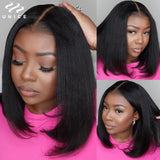 UNice Hair Drawstring Cap Yaki Straight Bob Wig 7x5 Pre Cut Pre Bleached Glueless Wig Human Hair Lace Closure Wig 150% Density