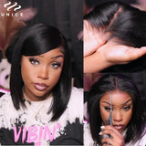 UNice Hair Drawstring Cap Yaki Straight Bob Wig 7x5 Pre Cut Pre Bleached Glueless Wig Human Hair Lace Closure Wig 150% Density