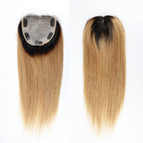 Topper en Cheveux Humains Ombré 1B/4 – Base Soie avec Silicone, Lace Front Naturelle, Clips Intégrés