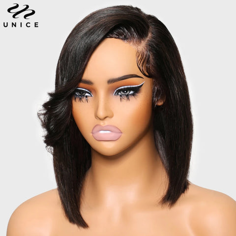UNice 4x4 Lace Closure Bob Wig With Side Swept Bangs Pre Cut Pre Bleached Glueless Wigs Human Hair Ready To Wear